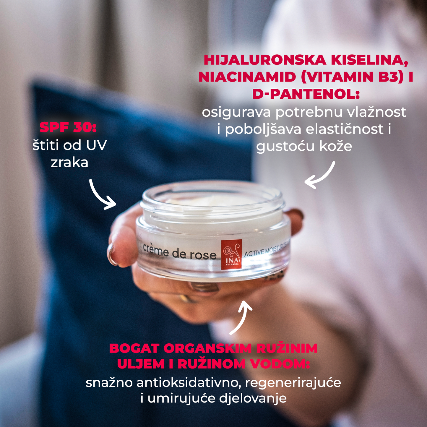 Krema od ruže InaEssentials - Aktivna hidratacija SPF30 s organskim uljem ruže i ružinom vodom, 50ml
